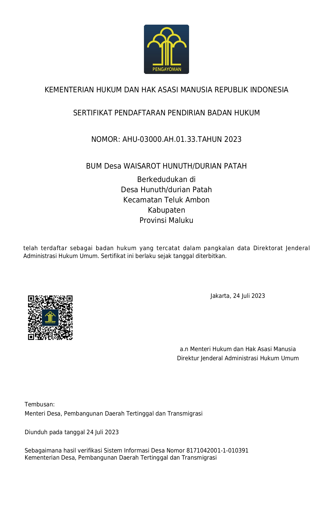 Sertifikat Badan Hukum